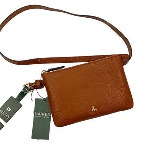 LAUREN RALPH LAUREN Logo Pebbled Faux Leather Belt Bag - Brown / Gold NWT